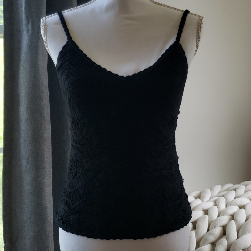 Context linen cotton crochet tank top, XS, black